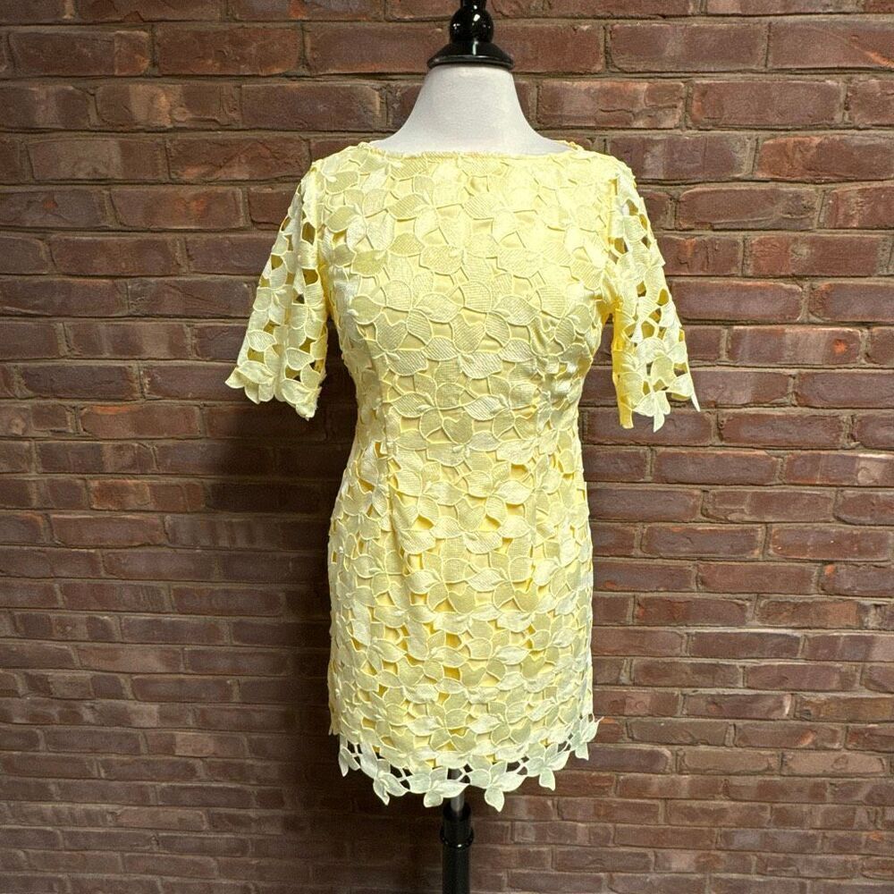 Tahari ASL Women’s Yellow Short Sleeve Floral Lace Sheath Dress Sz 4P